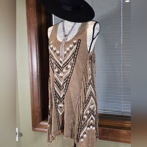 Vocal Tan and Black Fringe Long Tank or Mini Dress